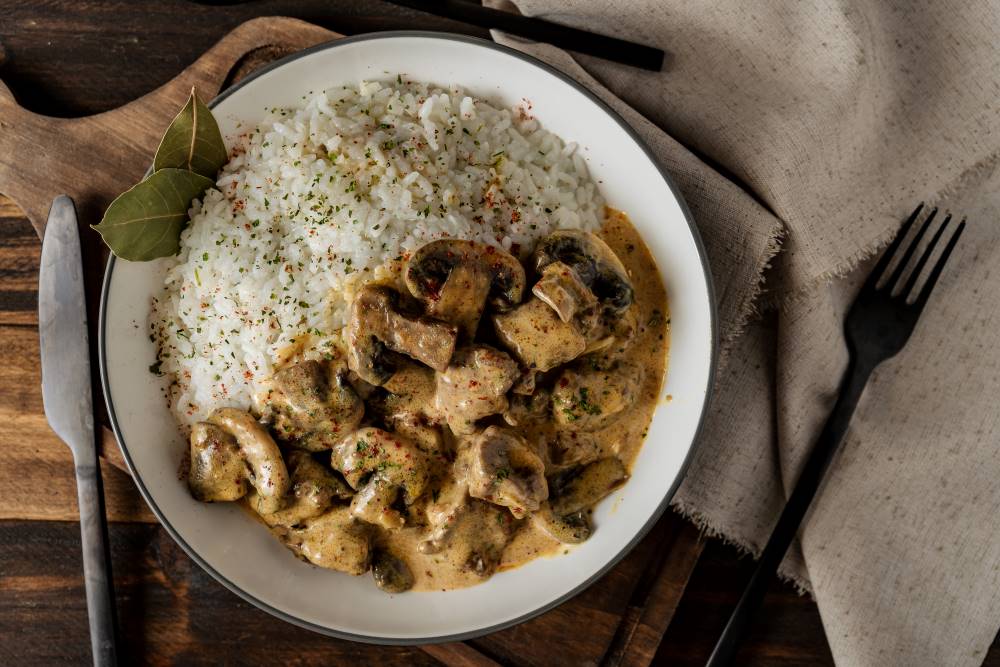 Mushroom stroganoff with rice.