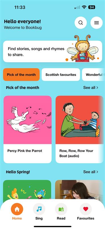 Screenshot of the home page of the Bookbug app