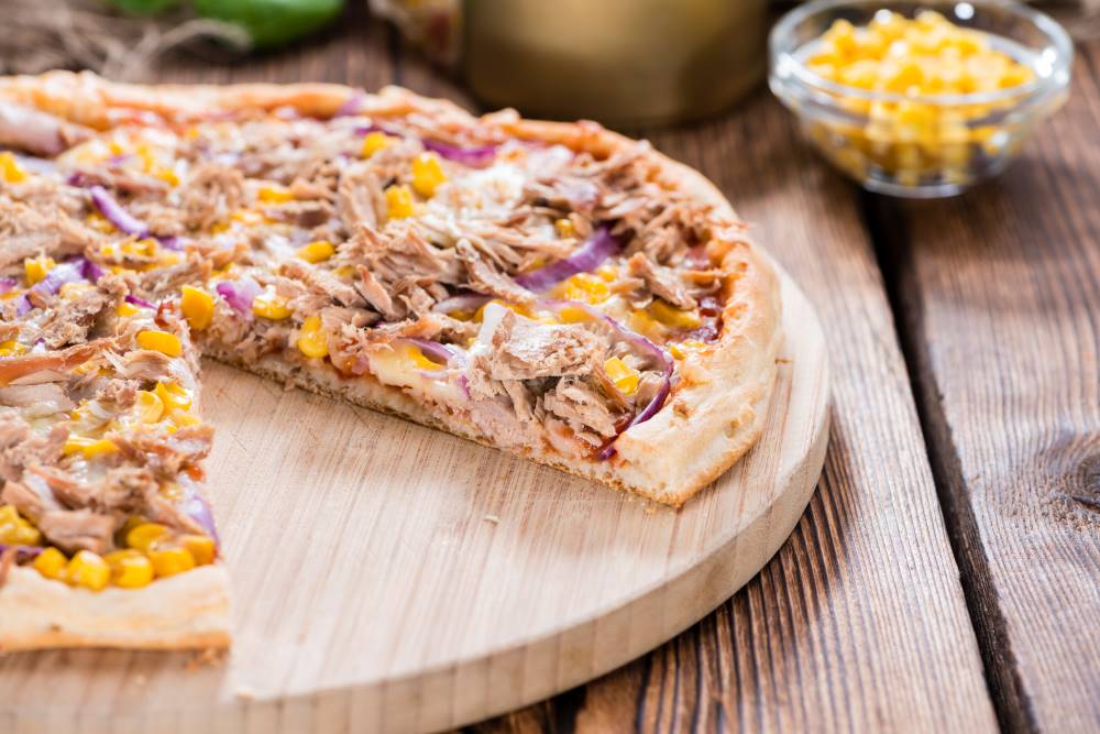 Tuna, sweetcorn and red onion pizza.
