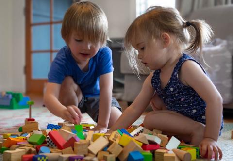 Two toddlers playing with bricks