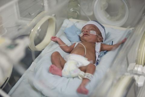 Premature baby sleeping in an incubator in a neonatal unit