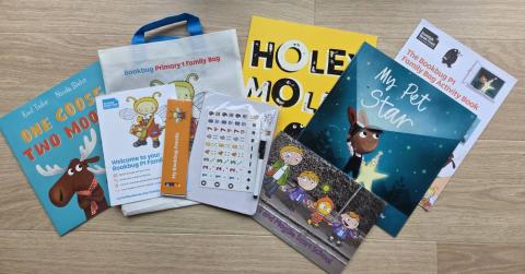 Contents of the Bookbug P1 activity bag for 2025.