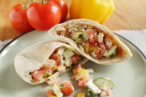 Photo of a Greek salad pita sandwich 