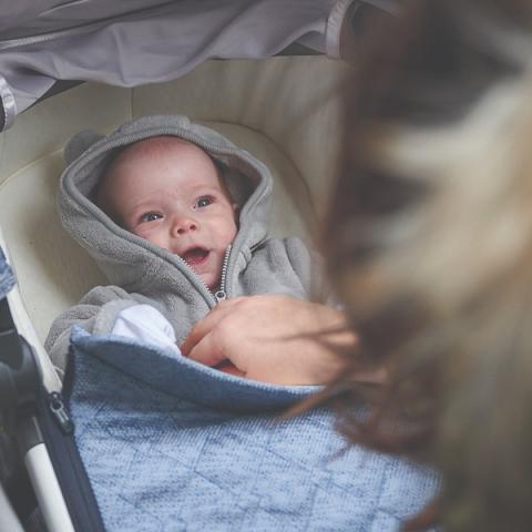 Photo of a happy baby in a pram 