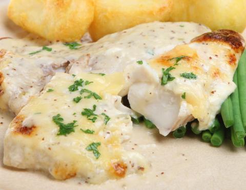 Photo of a cheesy fish bake